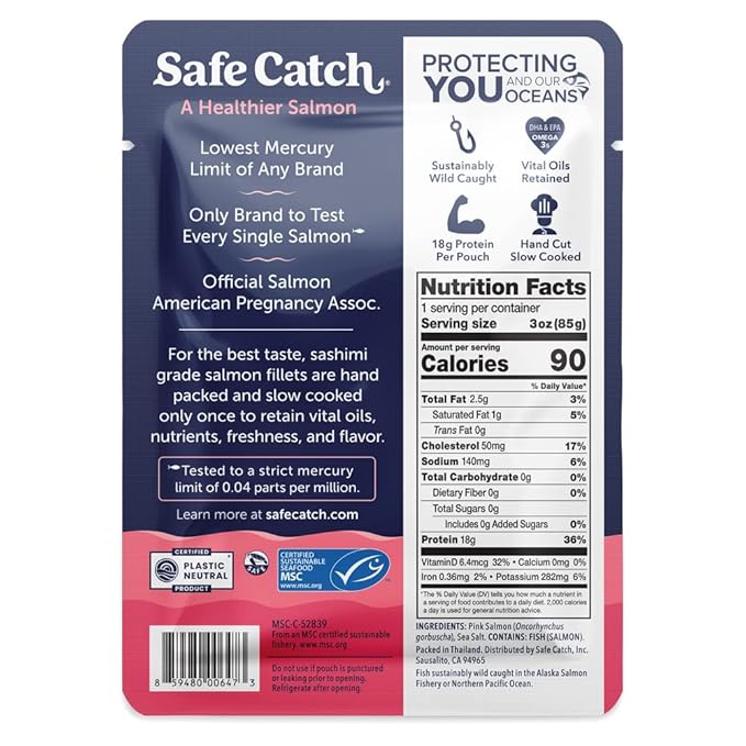 Safe Catch Wild Pacific Pink Salmon Skinless Boneless Wild-Caught Salmon Fish Pouch, Mercury Tested, Kosher, 12-Pack Salmon Pouches 3oz Packets