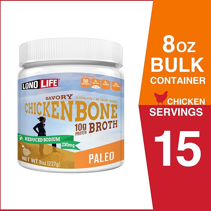 LonoLife Reduced Sodium Chicken Bone Broth Powder Mix | 10g Protein | Collagen-Rich, Keto & Paleo Friendly | Natural Ingredients | 8oz Bulk Container (15 Servings)
