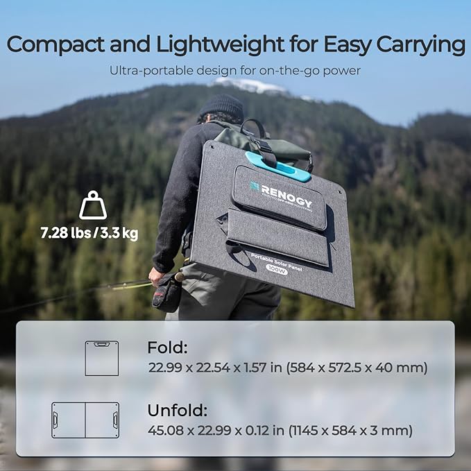 100W Portable Solar Panel, Renogy Solar Panels IP65 Waterproof, 100 Watt Foldable Solar Panel for Camping, Hiking, Fishing, Outdoor, RV, Van, Boat, Off Grid Applications