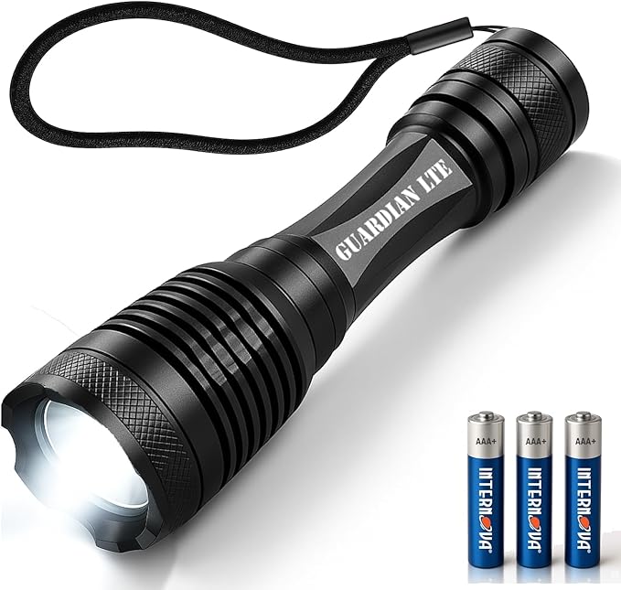 Guardian LTE Tactical Flashlight, 500 Lumens, Zoom?‘Focus, Water?‘Resistant IPX5, 5 Modes (High/Med/Low/Strobe/SOS), Dual?‘Power: 3×AAA (Included) or Rechargeable, Type III Aluminum, 5.5" Compact