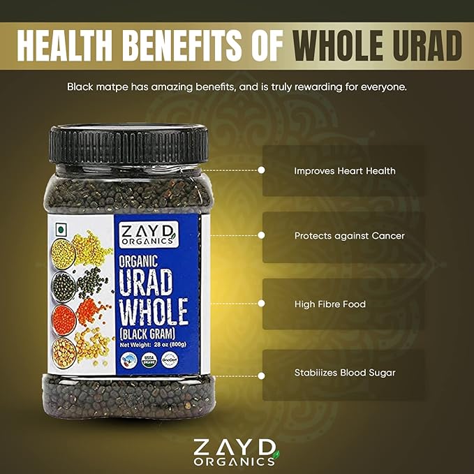 Zayd Organics Urad Whole, Black Matpe Lentils, USDA Organic, 1.75lbs (800g)
