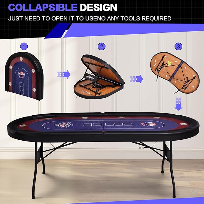 86" Foldable Poker Table, 10-Player Large Folding Texas Holdem Blackjack Table with Cup Holders, Padded Rails, Casino Game Table for Home Game Room, Family Nights, and Parties (Black)