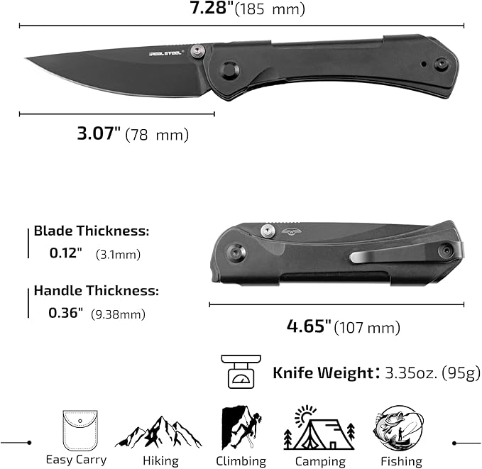 REALSTEEL SYLPH Folding Pocket Knife, Liner Lock, 3.07" Nitro-V Steel Black PVD Blade, Thumb Stud, Double Bending Steel Handle, 3.35oz, Deep-carry Pocket Clip, EDC Outdo Indoor, Gifts for Men Women Camping Hiking Climbing (Full Black)