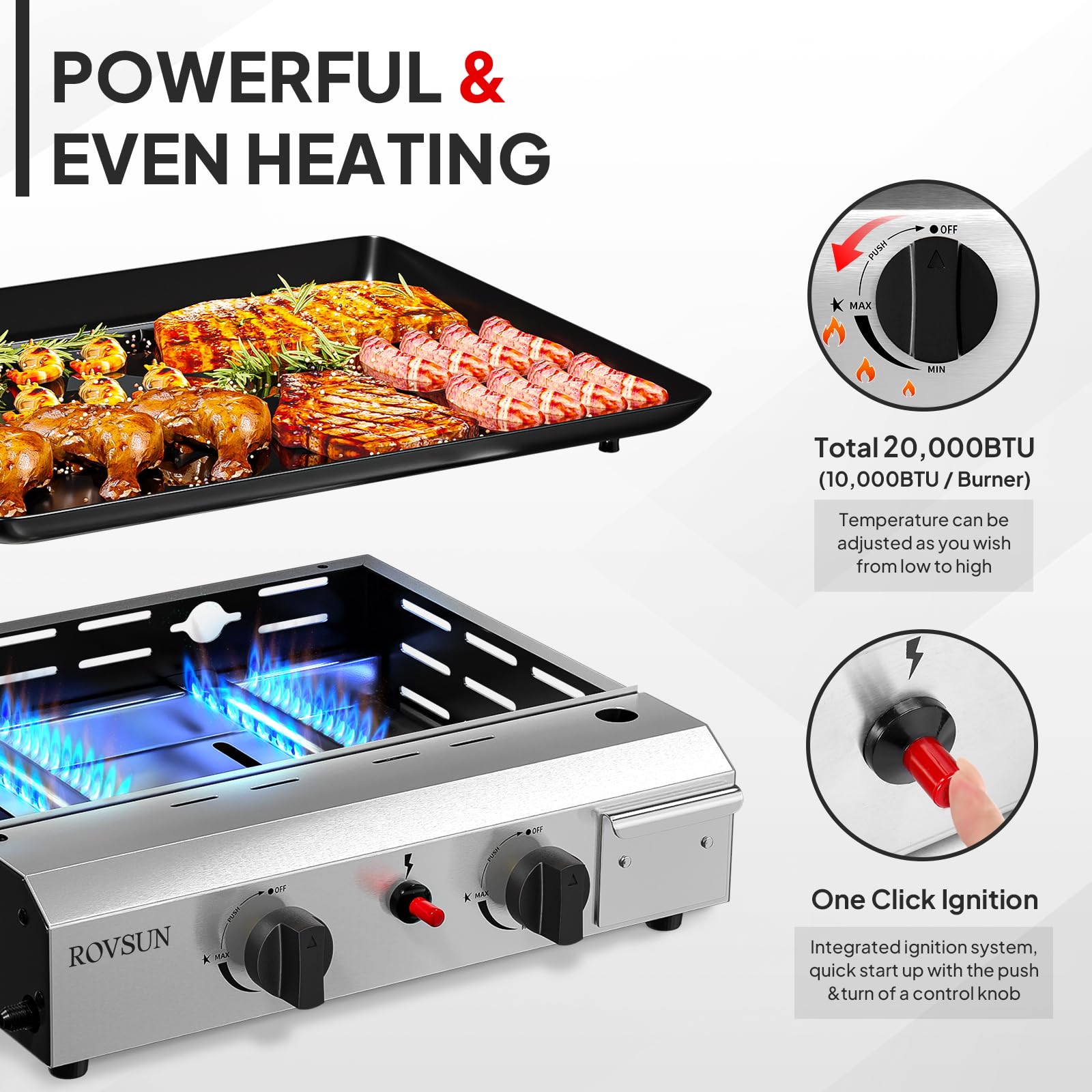 ROVSUN 2 Burner Portable Propane Griddle with Nonstick Enameled Tray, 20,000 BTU Tabletop Flat Top