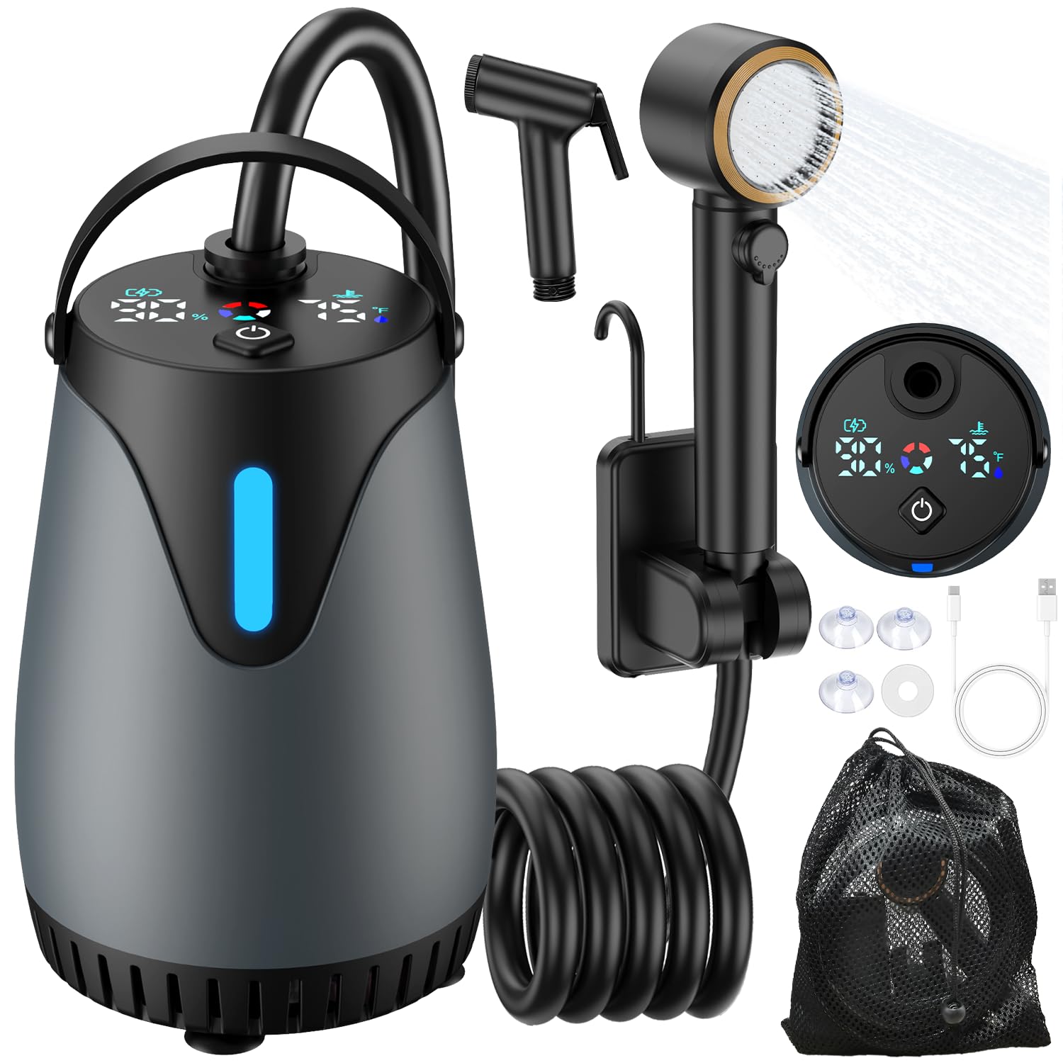 Portable Shower for Camping, 8000mAh Rechargeable Camp Shower Pump, LED Display Temp & Power, 5