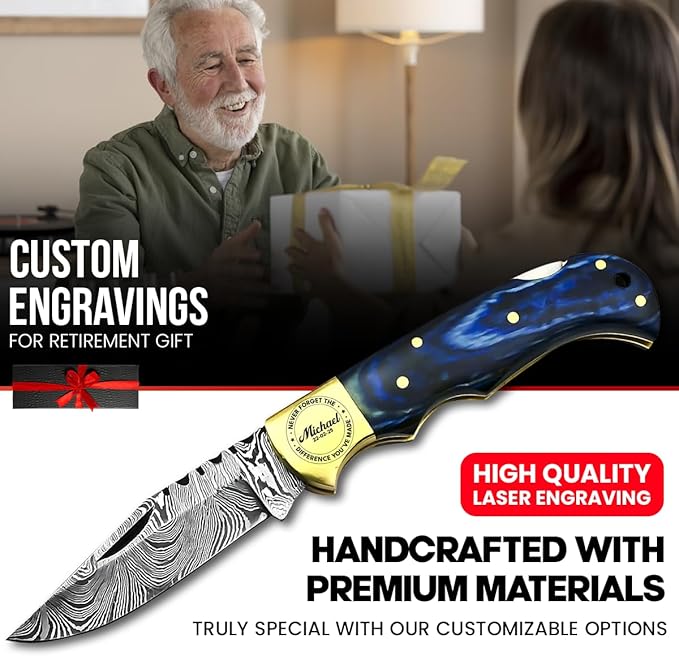 Retirement Gifts for Men - Personalized Damascus pocket knife with sheath - Custom Engraved 2025 Retirement Gifts for Him, Dad, Husband, Boss, Coworker - Best Mens Retirement Gift Ideas