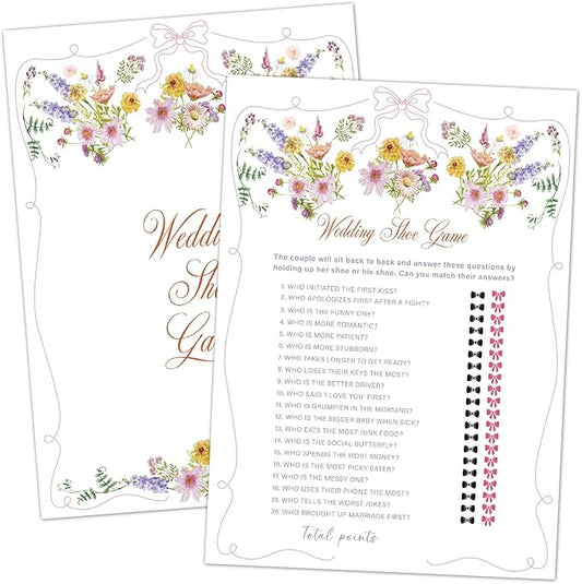 Wedding Shoe Game Bridal Shower Games, Wildflowers Pink Bow Games Card for Wedding Reception, Bridal Shower, Engagement, Bachelorette Party Activity Decorations (25 Pack) -A06