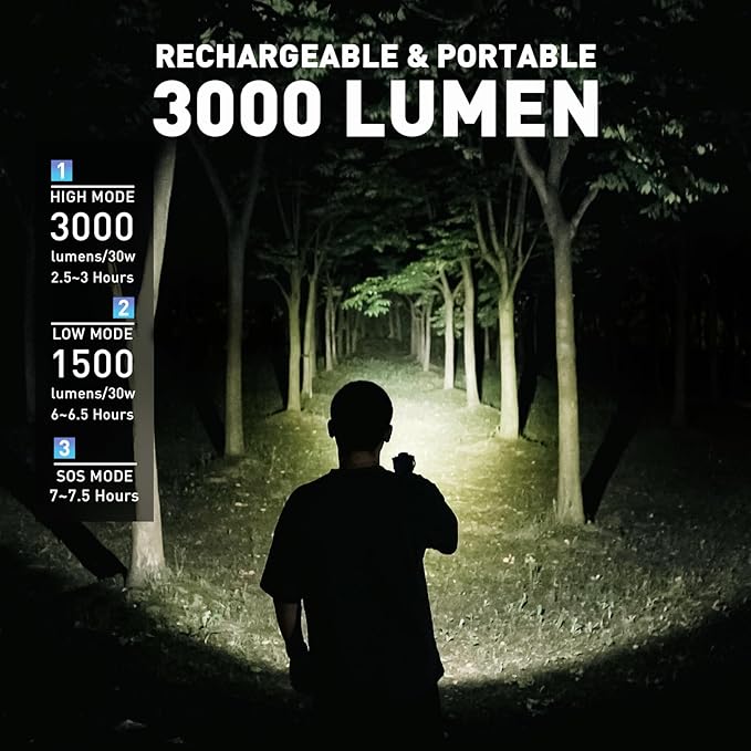 GOODSMANN Rechargeable Spotlight Flashlight LED Handheld Spot Lights Outdoor Portable IP67 Waterproof Searchlights Marine Spot Lights up to 3000 Lumen for Hiking, Boating, Hunting