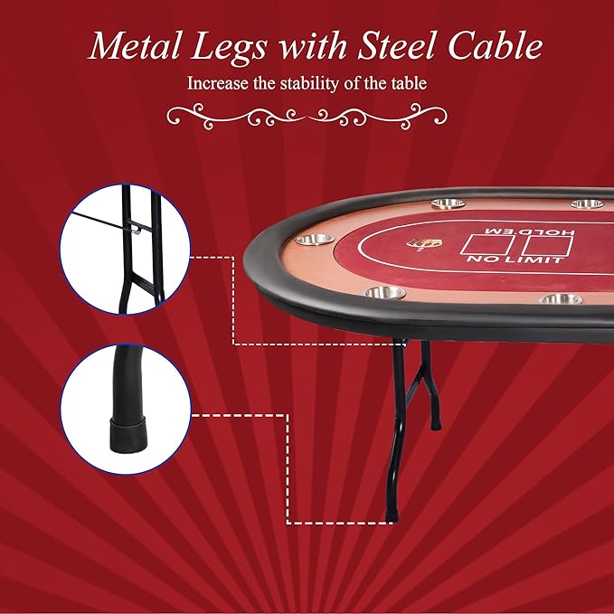 10 Players Oval Poker Table with Padded Rails, Folding Casino-Style Texas Wood Grain Game Poker Tables with Cup Holder, Red Felt Surface, Fully Assemble