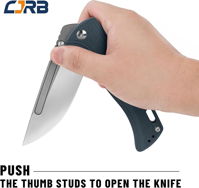 CJRB CUTLERY Pocket Knife Resource (J1932) Thumb Studs Folding Knife for Men AR-RPM9 Steel Blade and Grey Blue G10 Handle for Hinking Camping Work Outdoor