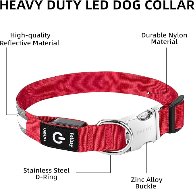 PetIsay LED Dog Collar Metal Buckle - Heavy Duty Light up Collars - Rechargeable IP68 Waterproof - Lighted Dog Collar for Night Walking, Hiking, Camping (Medium, Red)