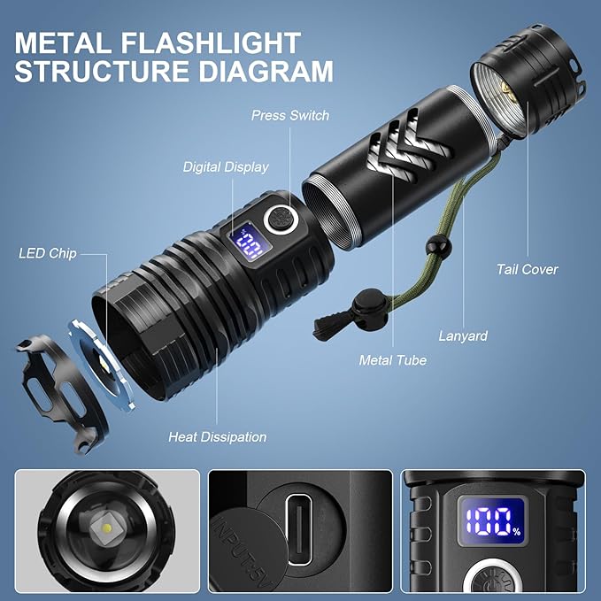 Flashlights High Lumens LED Rechargeable, 99000 Lumen Super Bright Flashlight High Power USB Flash Light,Waterproof Handheld LED Flashlight for Camping Hiking