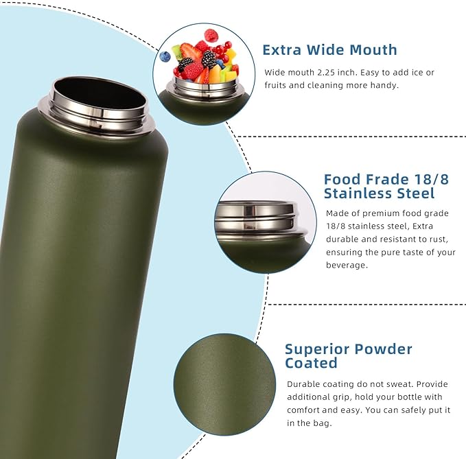 Volhoply 40 oz Insulated Water Bottles Paracord Handle, Stainless Steel Sports Bottle with Spout Lid, Reusable Double Walled Vacuum Metal Travel Cups with Wide Mouth for Adults (Army Green, 1 Set)