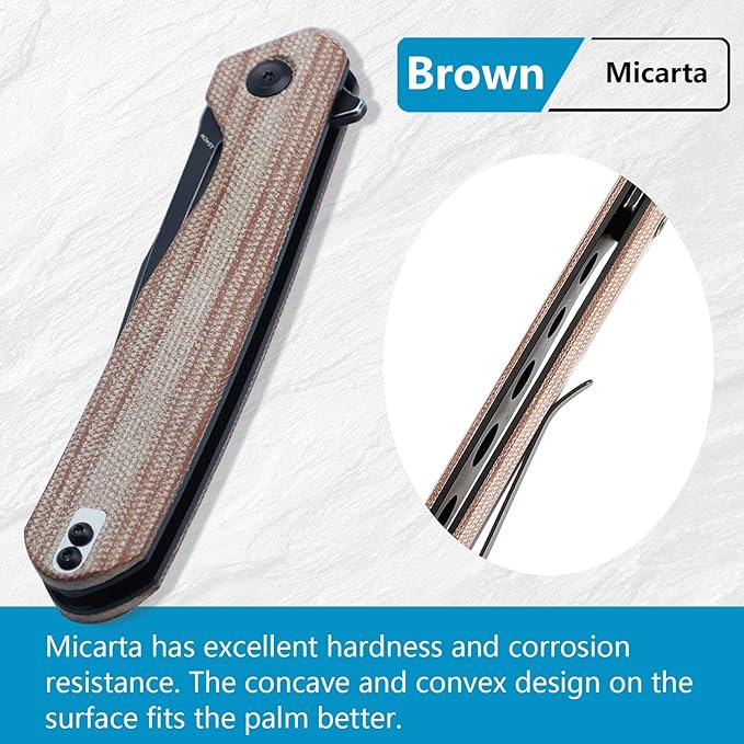 KANSEPT Qilin Pocket Knife, 3.24'' Blackwash 154CM Sharp Blade, Brown Micarta Handle for Edc, Flipper and Liner Lock with Double-Sided Clip, Men Camping Survival Folding Knives T1047A3