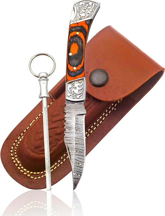 Handmade Damascus Pocket Knife for Men - 7.2 Inches Engraved Steel Damascus Folding Pocket Knife with Belt Holster - Pocket Knives & Folding Knives with Sheath & Back Lock - EDC Knife Pocket.(Orange)