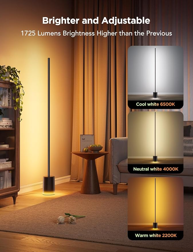 Govee Floor Lamp 2 with Matter, RGBIC, Warm Cool White LED, Alexa Compatible, 1725lm, Music Sync, Scene Modes, Smart Floor Lamp for Living Room, Bedroom, Black(1 Pack)