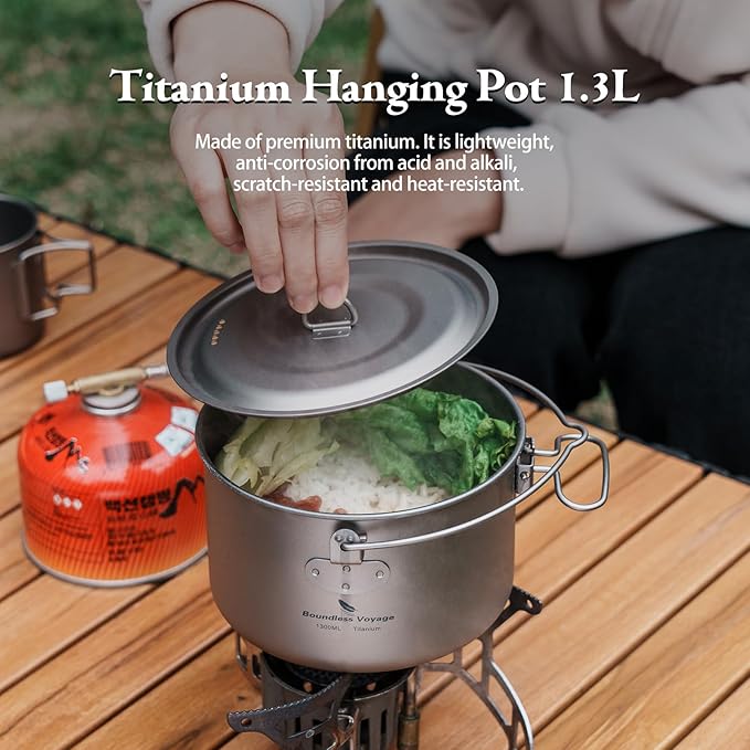 iBasingo 1.3L (1300ml) Titanium Pot with Lid Lightweight Backpacking Cook Pot for Solo Camping, Hiking & Backpackers, Portable Camping Cookware with Measurement Marks Ti2043C
