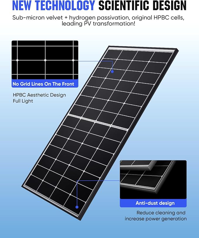 220 Watt Solar Panel, HPBC 220w Solar Panels, 25.5% High-Efficiency Solar Cell, IP68 Rate, for Home Off-Grid System, Roof, RV, Boat, Marine, Trailer, Farm