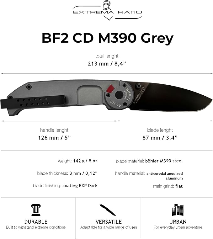 Extrema Ratio - BF2 CD M390 (Grey) Folding Knife, M390 steel blade 60 HRC, grey satin finish, anodized aluminum handle, reversible clip, ergonomic design, Italian craftsmanship, durable folding knife