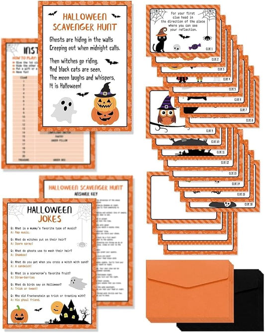 Sinasasspel Halloween Scavenger Hunt Clues Cards, Halloween Scavenger Treasure Hunt Games for Adults, Outdoor Indoor Halloween Pumpkin Ghost Witches Party Supplies Activities(20 Cards with Envelopes)