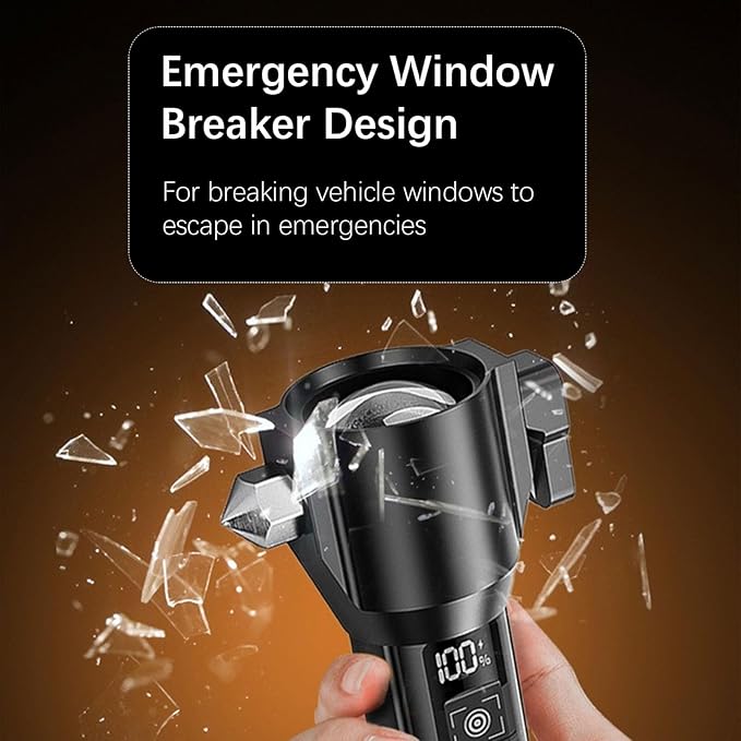 Tactical Flashlight Rechargeable, Zoomable LED Flashlight with COB Side Light, Red/Blue Strobe, Type-C Fast Charging, Glass Breaker and Seatbelt Cutter for Car Emergency