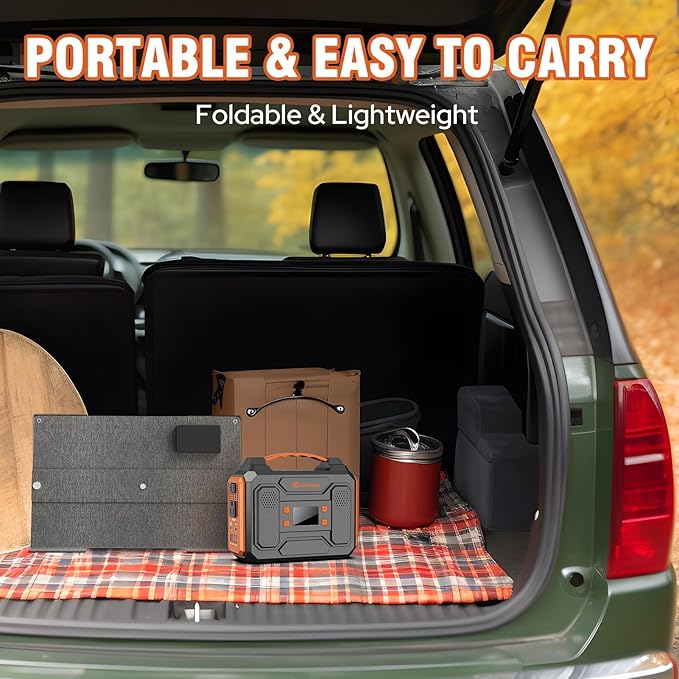 300W Portable Solar Generator with Panel, 65W 110V Portable Power Bank with DC AC Outlet with Solar Panel Charger 60W Set for Laptop Smart Devices Tent Camping Outdoor Hiking Power Outage