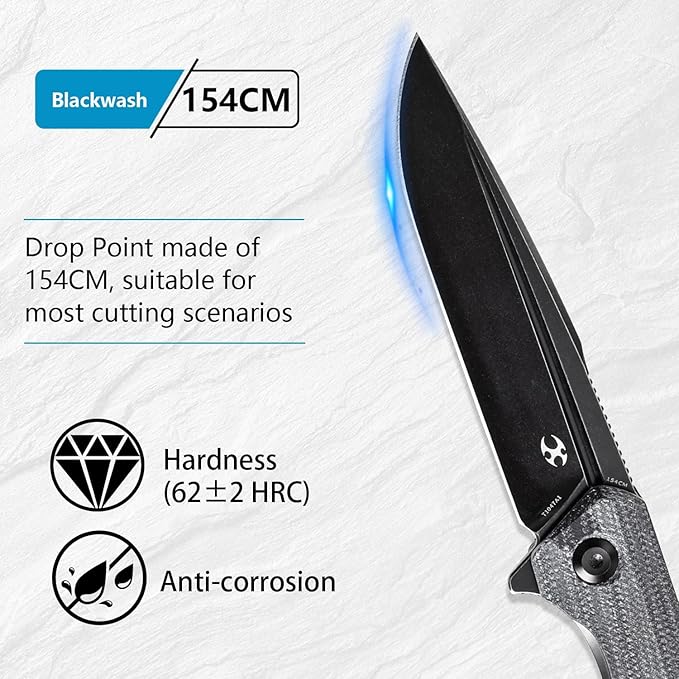 KANSEPT Qilin Pocket Knife, 3.24'' Blackwash 154CM Sharp Blade, Black Micarta Handle for Edc, Flipper and Liner Lock with Double-Sided Clip, Men Camping Survival Folding Knives T1047A1