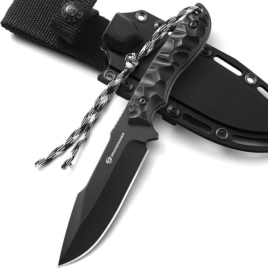 B-ER-DROP POINT Fixed Blade Hunting Knife, Survival Knife with Sheath, Full Tang, Full Black, Gifts for Men