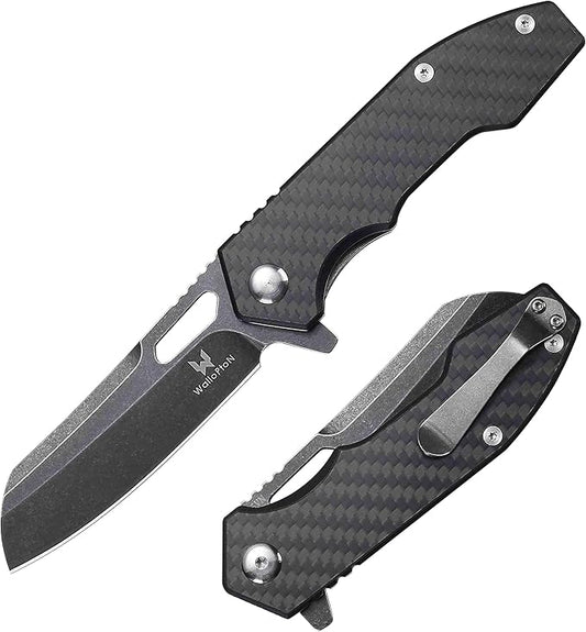 Folding Pocket Knife - 3.54'' CPM S35VN Black Steel Blade, Carbon Fiber Ergonomic Handle - Camping Outdoor Self-Defense & Protection EDC Knife, Men & Women Best Gifts