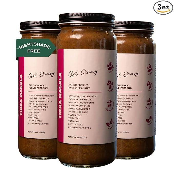 Get Saucy Tikka Masala Sauce - Gluten-Free, Dairy-Free, Corn-Free, Seed Oil-Free, Refined Sugar-Free, Nightshade-Free, Organic, Non-GMO, Preservative-Free, Healthy & Easy Meal (3 Pack, 48oz)