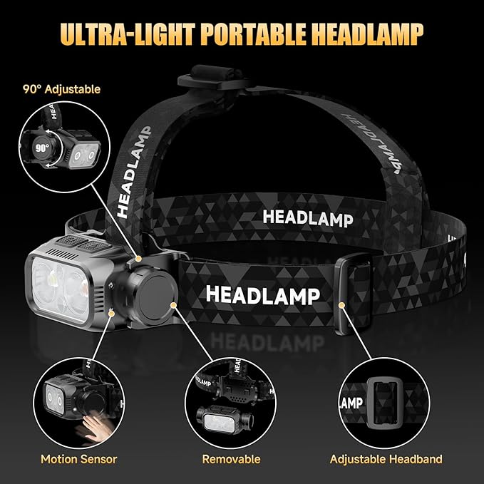 Rechargeable LED Headlamp 6 Pack, High Lumen Super Bright Head Lamp with Red Light, Motion Sensor, 5 Modes, 90° Adjustable, Waterproof Lightweight Headlamps for Adult Running, Camping, Fishing