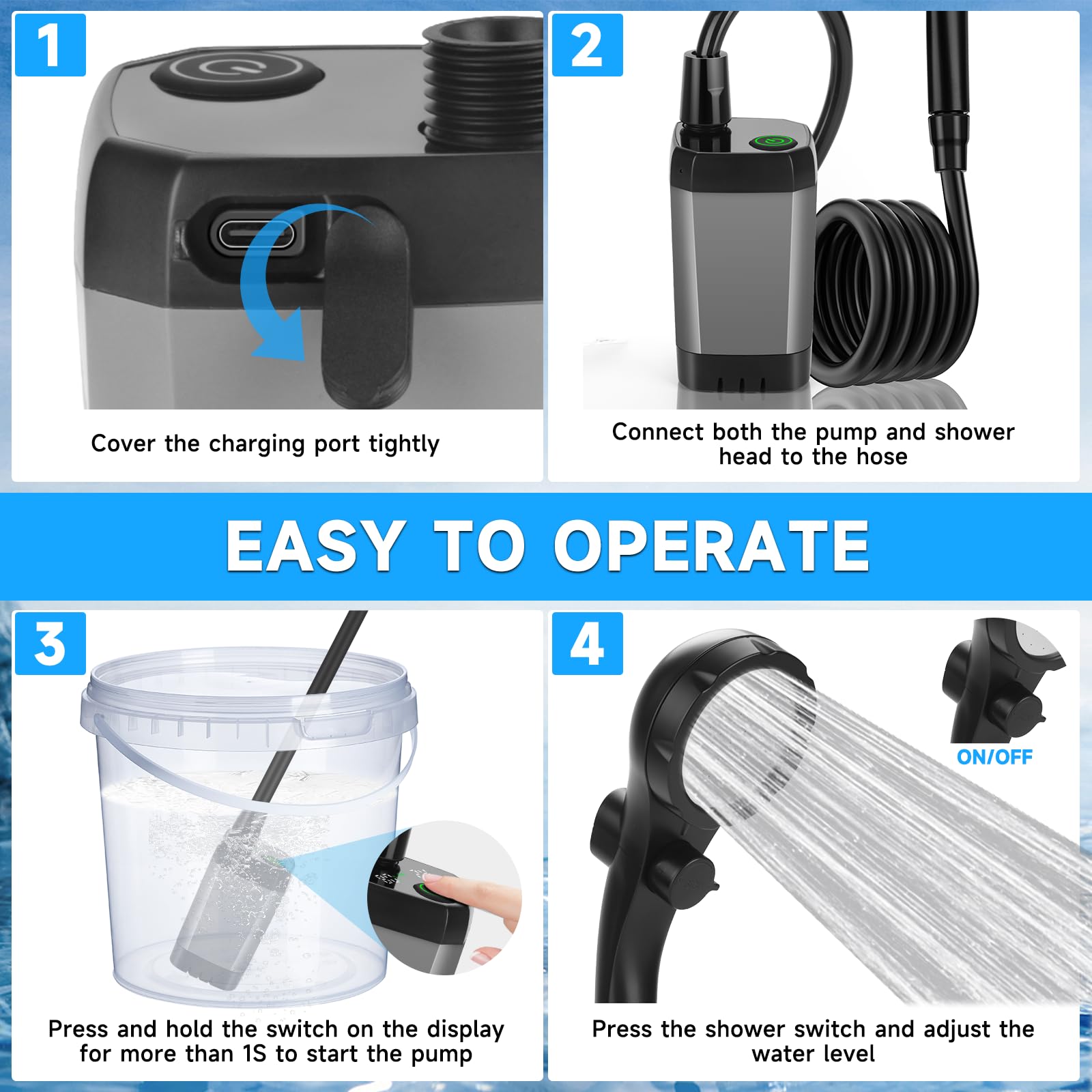 vignuto Portable Shower for Camping, Rechargeable Camping Shower kit with LED Display of Battery