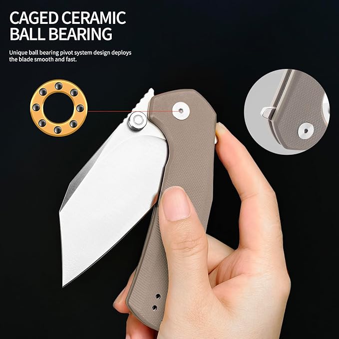 ioko Folding Pocket Knife, 3.5-Inch D2 Steel Blade, G10 Handle, EDC Camping Survival Knife with Clip (Brown)