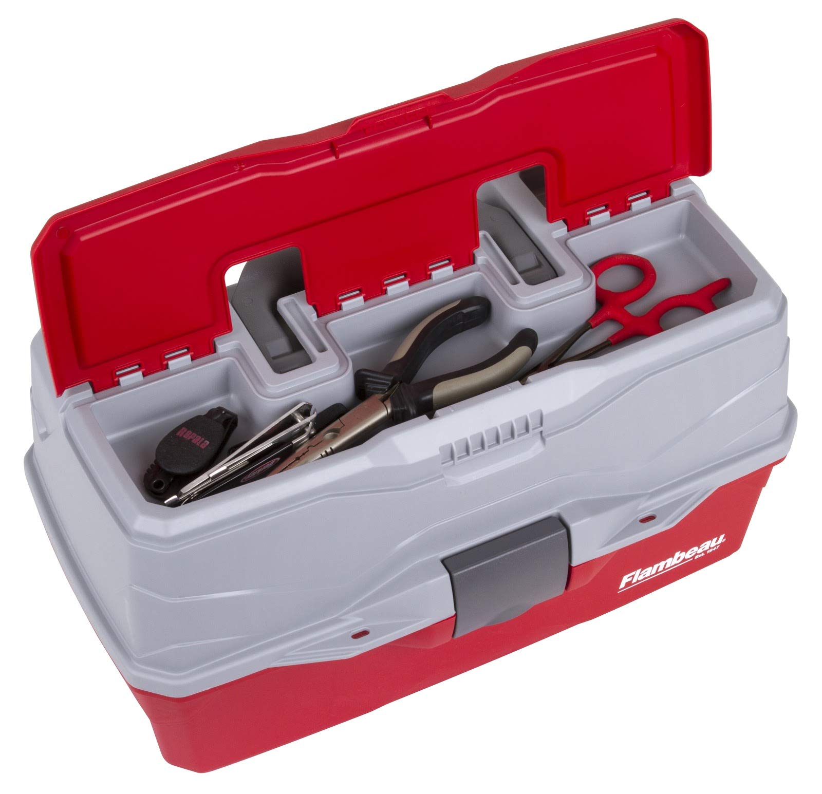 Flambeau Outdoors 6383 3-Tray Tackle Box, 32 Compartments, Red and Gray