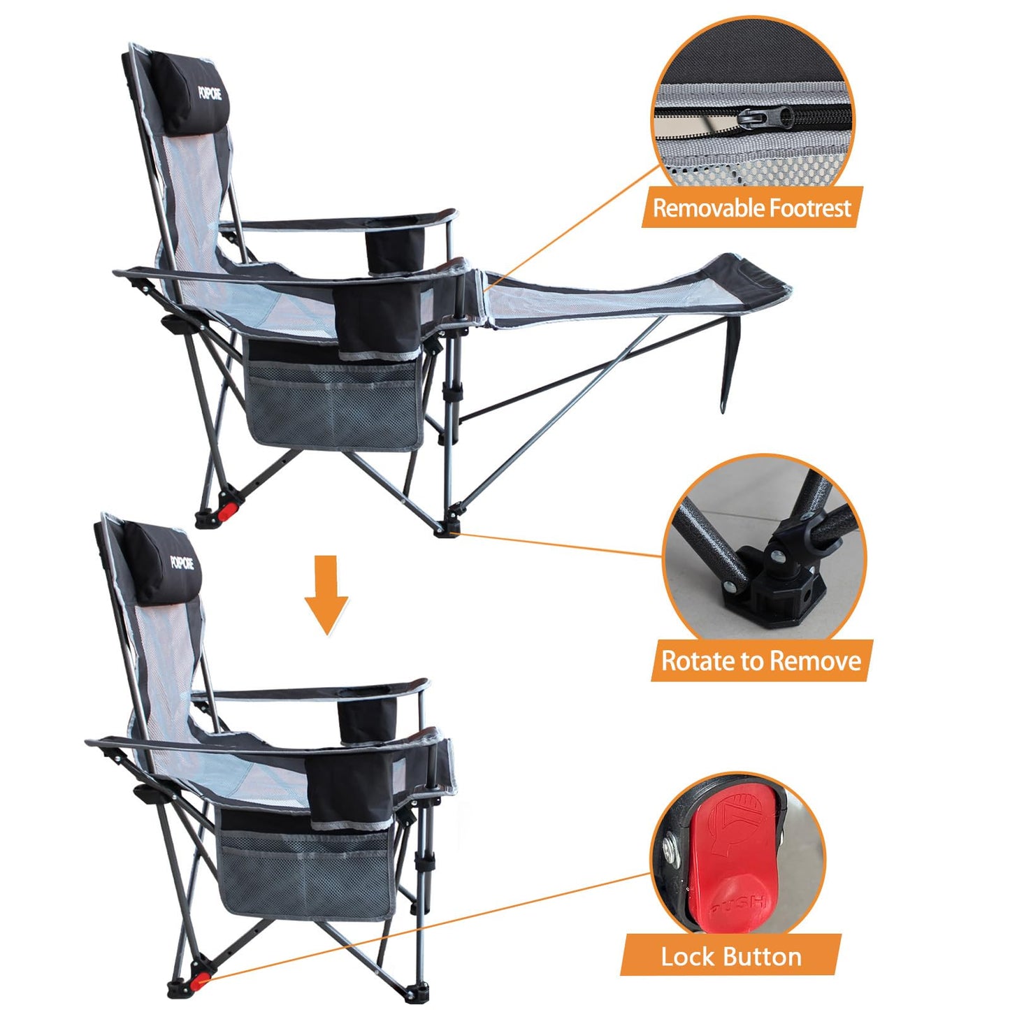 POEPORE Reclining Camping Chair with Removable Footrest Lounge Chair with Headrest, Cotton Cushion