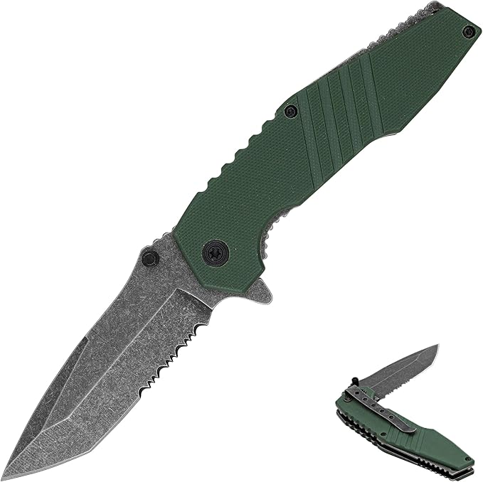 Armory Replicas??Spring Assisted Tanto Folding Knife ??3CR13 Steel Blade with Partial Serration, G10 Handle, Stonewash Finish, Liner Lock & Pocket Clip