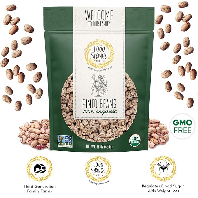 1000 Springs Mill - Organic Pinto Beans | Used for Soups, Stews, Dips, Chili, Burritos, Refried Beans and more | Bulk Dry Brown Beans | Resealable Bag | Vegan Friendly | 16oz (Pack of 1)