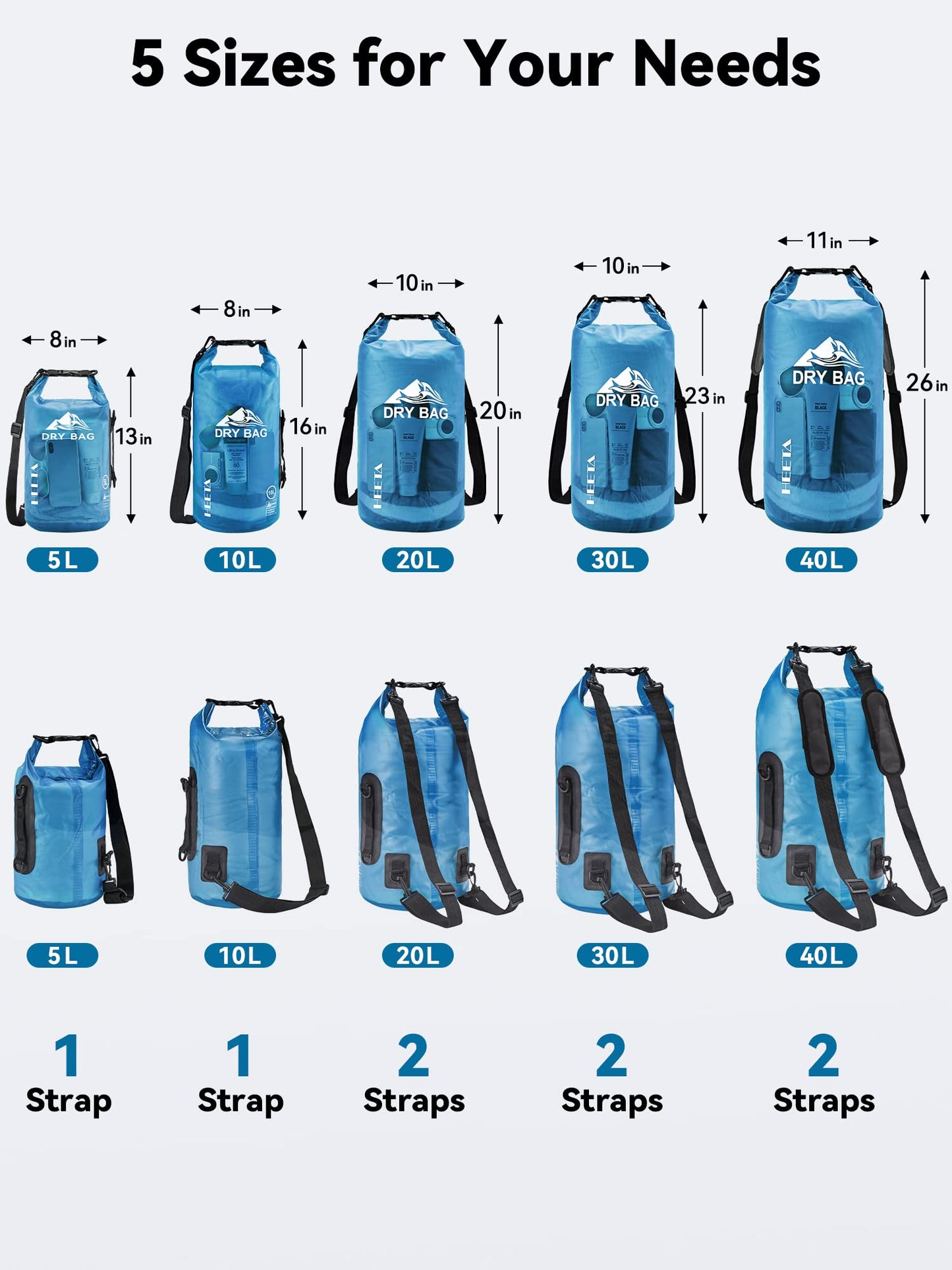 HEETA Dry Bag Waterproof Backpack with Phone Case (Transparent Blue, 5L)