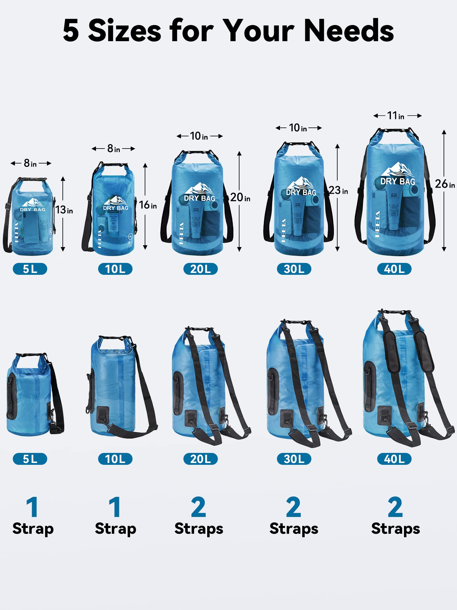 HEETA Dry Bag Waterproof Backpack with Phone Case (Transparent Blue, 5L)