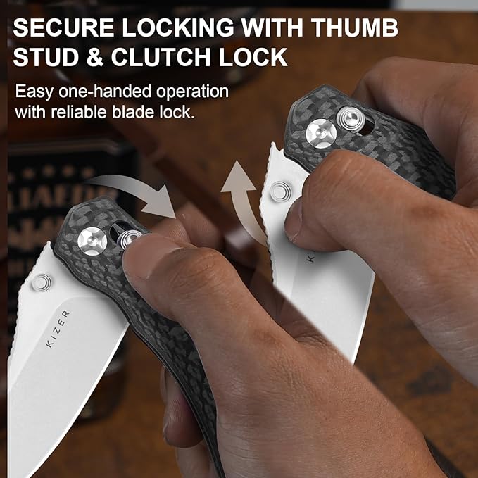 Kizer Mini Bulldog Pocket Knife, 2.5??S45VN Sheepsfoot Blade Folding Knife, Carbon Fiber Handle Clutch Lock Small EDC Knife for Men Women Gift, Camping Hunting Knives Ki3672SA3