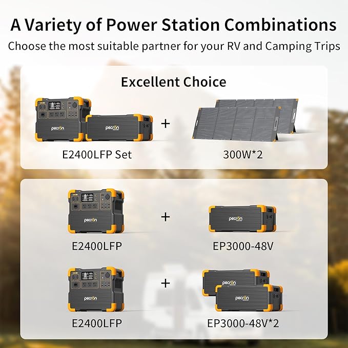 Pecron Portable Solar Power Station E2400LFP with 3072Wh Extra Battery, 300W Solar Panel*1, 2048Wh 2400W Solar Generator for RV, Camping, Home Use, CPAP, Compact Battery Backup Set