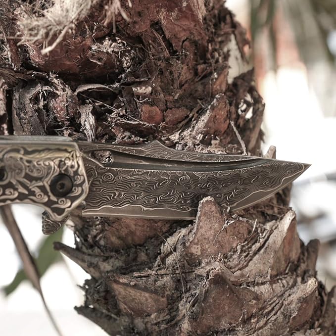 Handmade Japanese VG10 Damascus Steel Folding Knife,Rosewood Liner Lock Handle, Leather Sheath,EDC Pocket Knives for Men Outdoors Camping Fishing