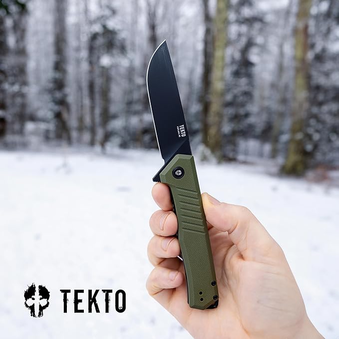 F1 Alpha Folding Pocket Knife - Modified Straight Back Blade, Titanium Coated D2 Steel, Ideal for Outdoor Camping and Backpacking, Tactical G10 OD Green Handle, Black Titanium Accents