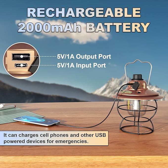 LED Camping Lantern Rechargeable Dimmable, Portable Vintage Outdoor Lantern 2700-6500K Waterproof, Hanging Retro Lamp Indoor Outdoor for Garden, Hiking, Emergency, Copper