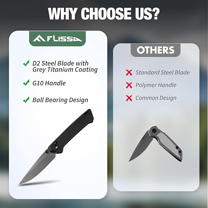 FLISSA Pocket Knife, Folding Knife with D2 Steel Blade, Shaft Lock, G10 Handle, Ball Bearing and Pocket Clip for EDC, Camping, Hiking, Fishing, Outdoor Activities