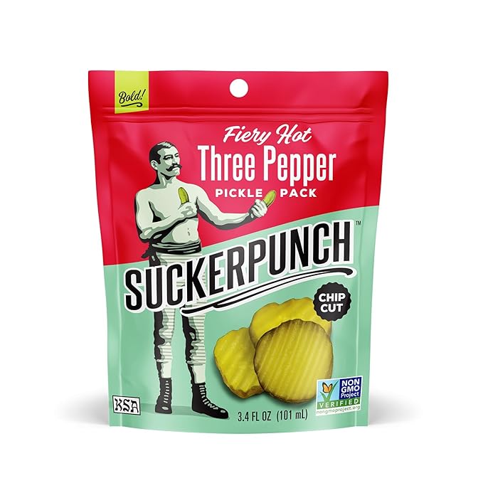 SuckerPunch Three Pepper Pickle Chips, Snack Pack, Gluten Free, Kosher, Sugar Free, Low Calorie, Low Carb, Ready to Eat, on the Go, Non GMO, Keto Friendly, Vegan, 3.4 Oz, Single Serve Pouch, 12 Pack
