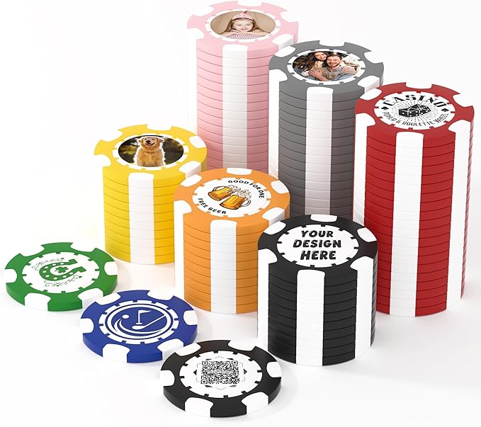 25 Custom Clay Poker Chips, 40mm Heavy 11.5g Casino Sized Personalized Poker Chips with Your Logo, Image or Text, Custom Drink Tokens for Bar, Party, Tournaments, Golf Club or Events