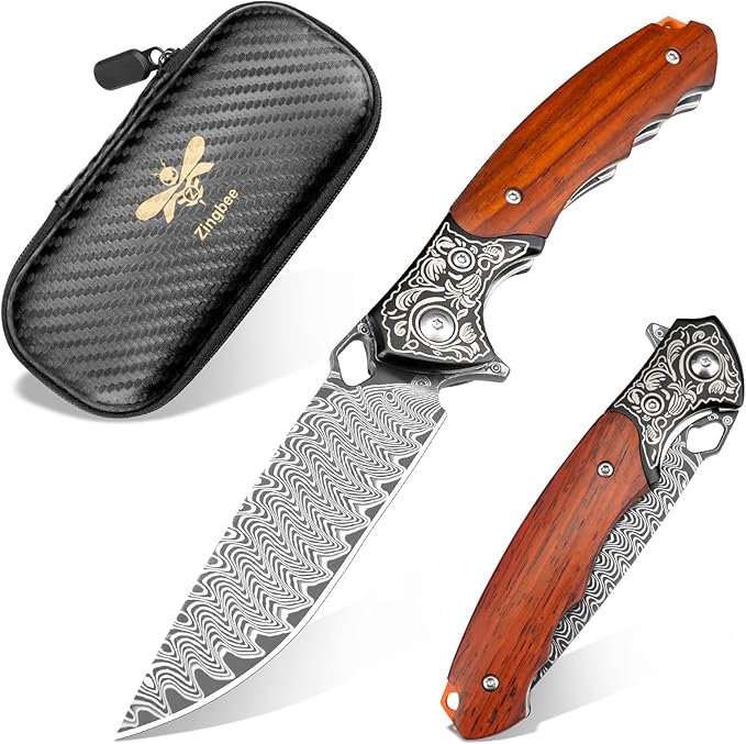 Damascus Folding Knife, 3.39" VG10 Core Damascus Steel Blade Pocket Knife for EDC, Wood Handle Pocket Knives for Camping Survival Hunting