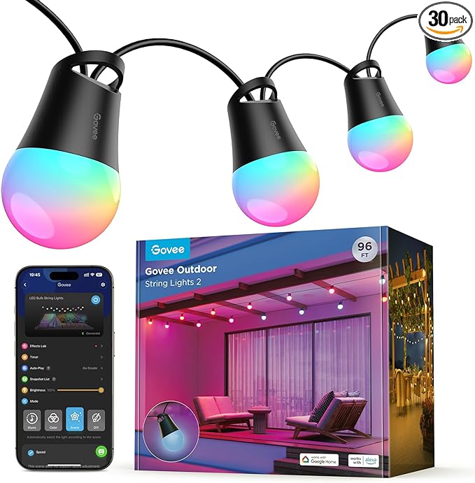 Govee Smart Outdoor String Lights 2, 96ft RGBIC Outdoor Lights with Dimmable Warm White LED Bulbs, 47 Scene Modes for Patio, Backyard, IP65 Waterproof, Works with Alexa, App Control