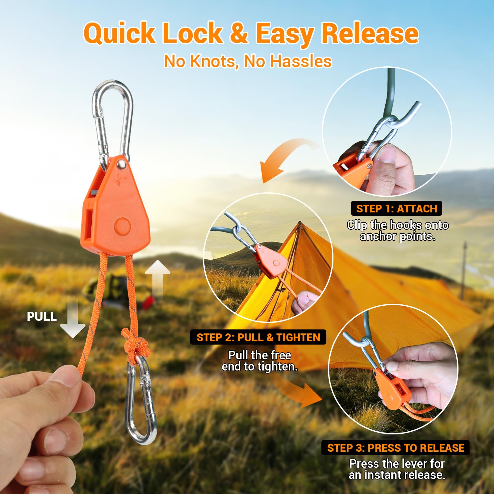 KOKKOYA 15ft Rope Ratchet Tie Downs Paracord Strap Camping Tensioner 1/8 in